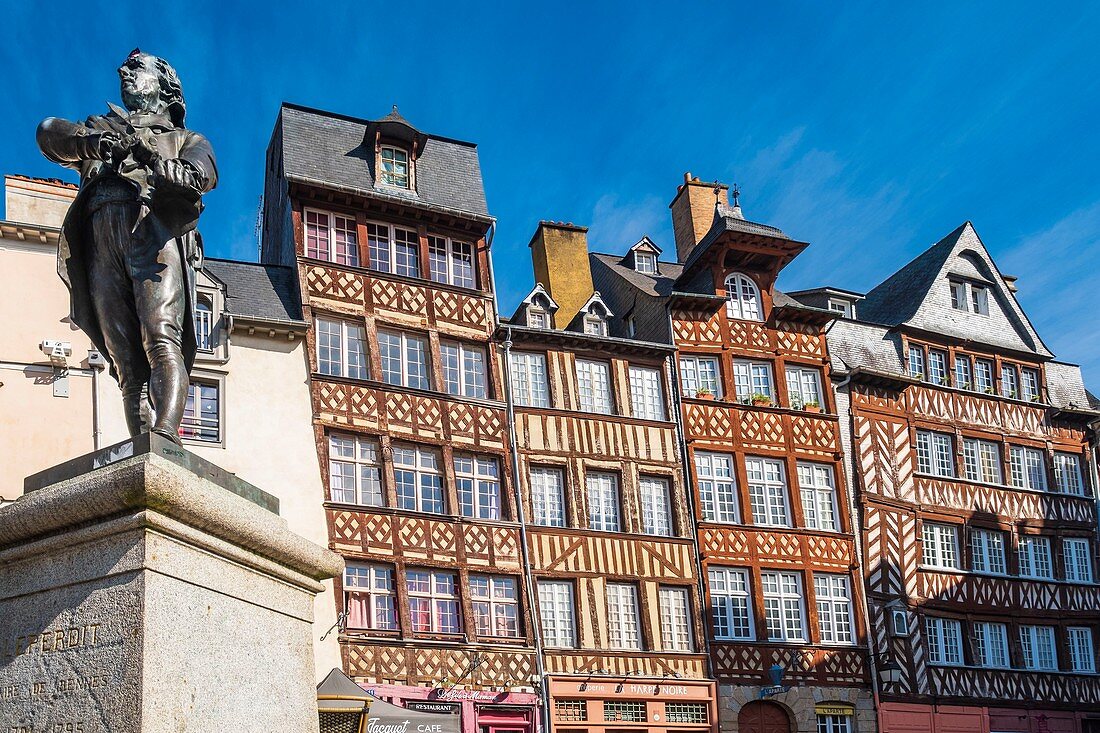 France, Ille et Vilaine, Rennes, Champ-Jacquet square is lined with 17th century half timbered houses, statue of John Leperdit, master tailor and former mayor of Rennes