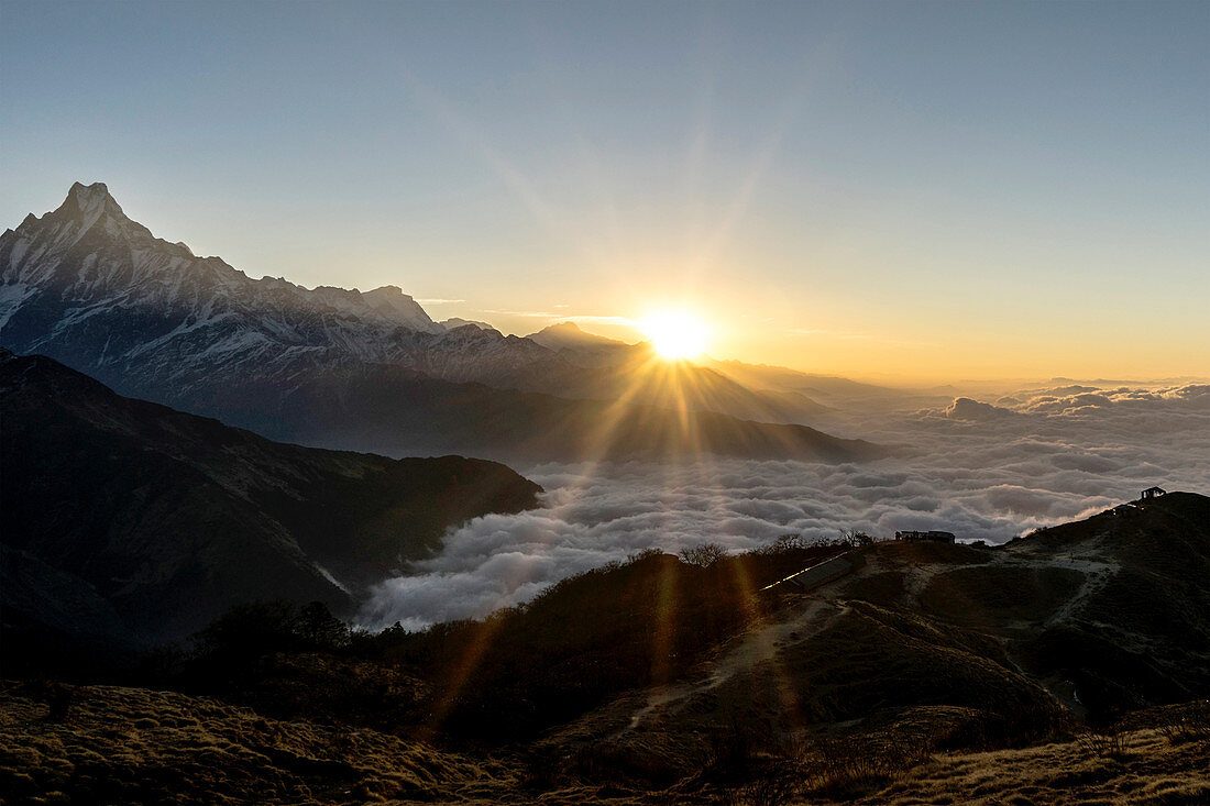 Sunrise on Muldai with a view of Machapuchare, Pokhara, Nepal