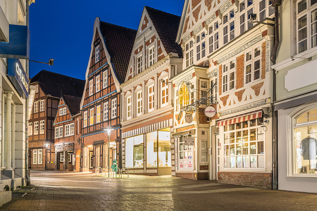Evening mood with historic houses in Hökerstrasse in Stade, Lower Saxony, Germany