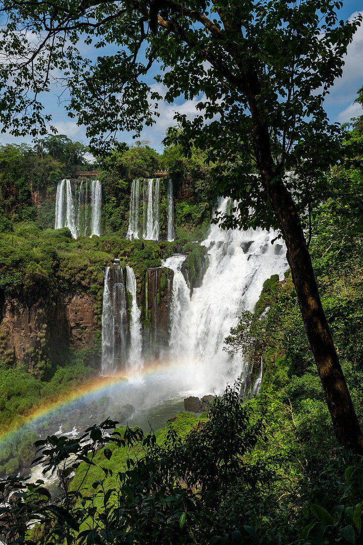 Rainbow in spray from waterfall of Iguazu Falls, Iguazu National Park, Misiones, Argentina, South America