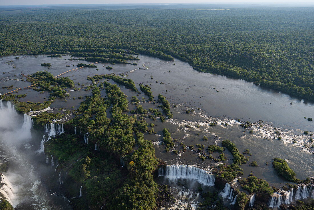 Aerial view of Iguazu River and Iguazu Falls, Iguazu National Park, Parana, Brazil, South America
