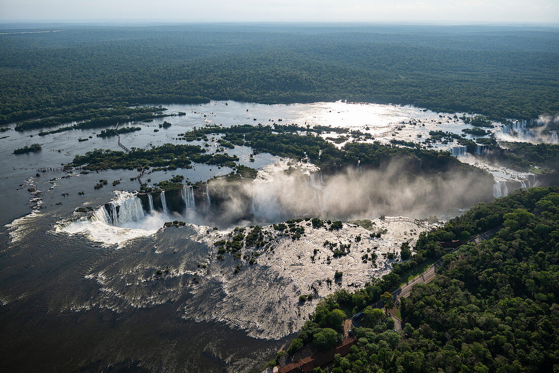 Aerial view of Iguazu River and Iguazu Falls, Iguazu National Park, Parana, Brazil, South America