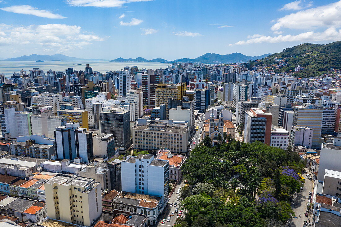 Aerial view of the Metropolitan Cathedral Cathedral of Florianopolis on November 15th with city skyscrapers, Florianopolis, Santa Catarina, Brazil, South America