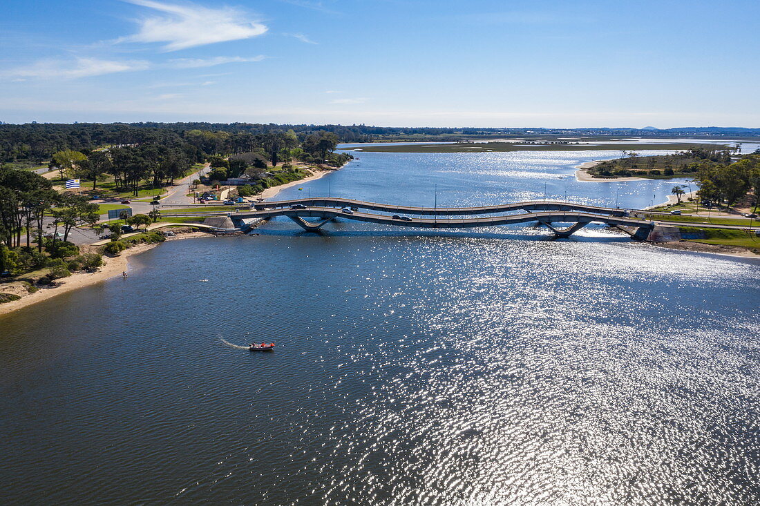 Aerial view of La Barra Bridge, Punta del Este, Maldonado Department, Uruguay, South America