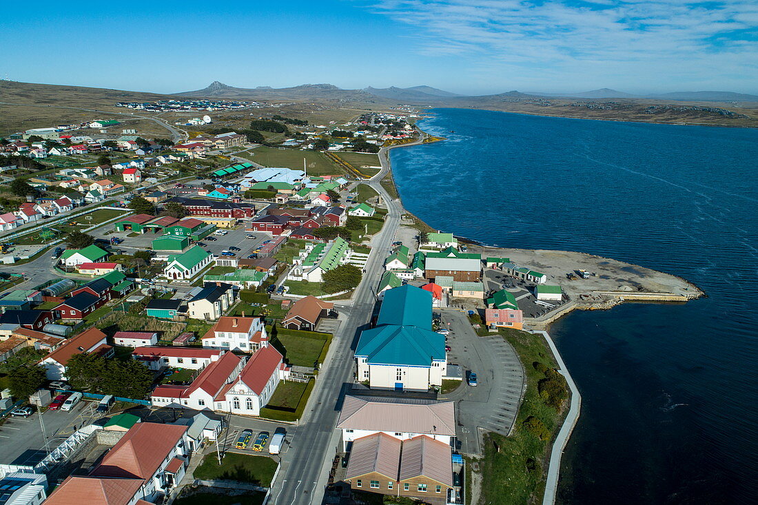 Luftaufnahme von Stadtzentrum, Stanley, Falklandinseln, Britisches Überseegebiet, Südamerika
