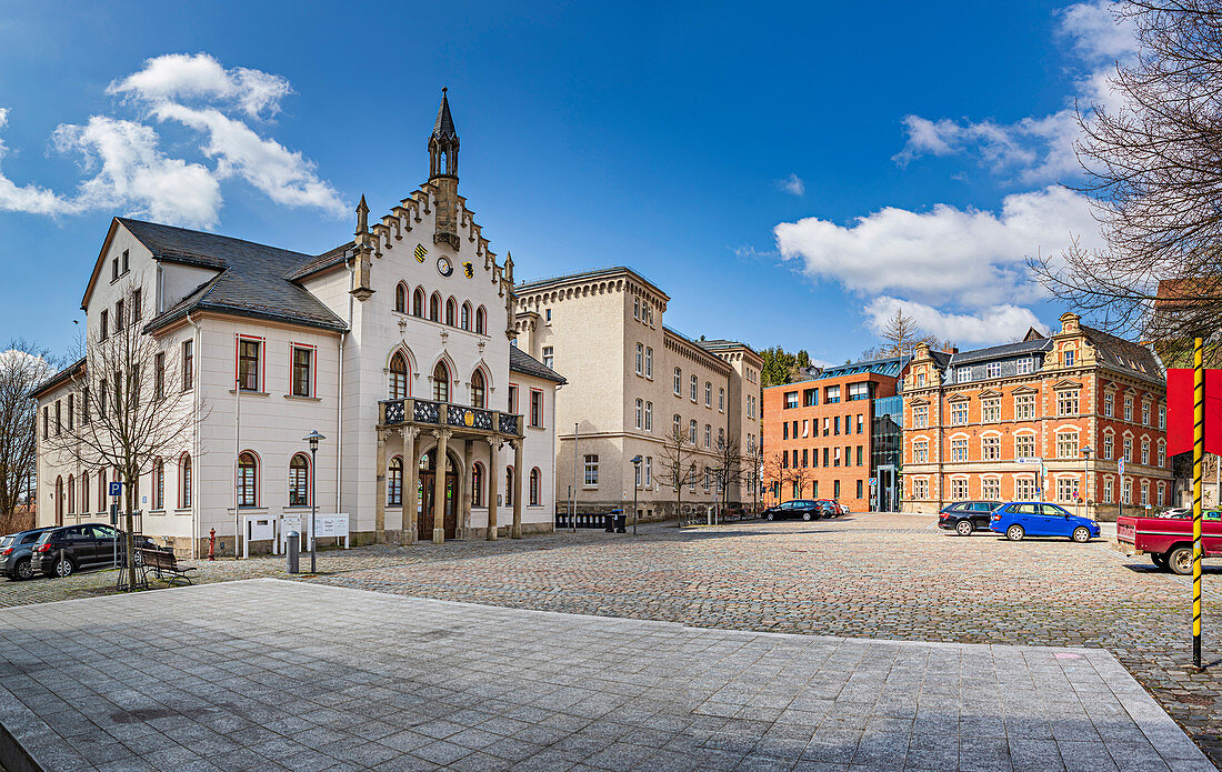 Market square and old town hall in Sonneberg, Thuringia, Germany