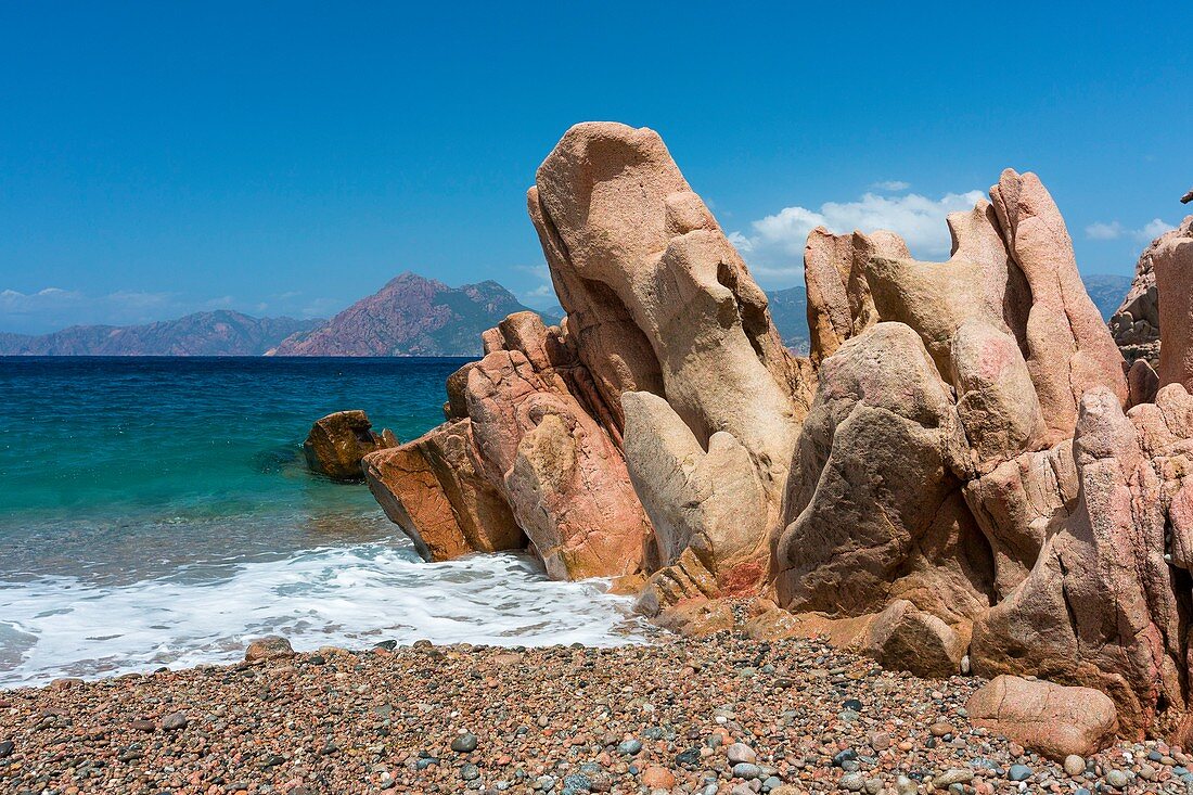 France, Corse du Sud, Gulf of Porto, Capo Rosso, Anse de Ficajola and the Scandola reserve in the background