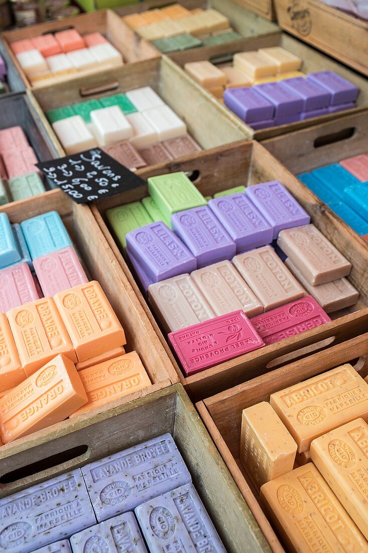 France, Alpes Maritimes, Nice, Old Nice district, Cours Saleya market, scented soap stall