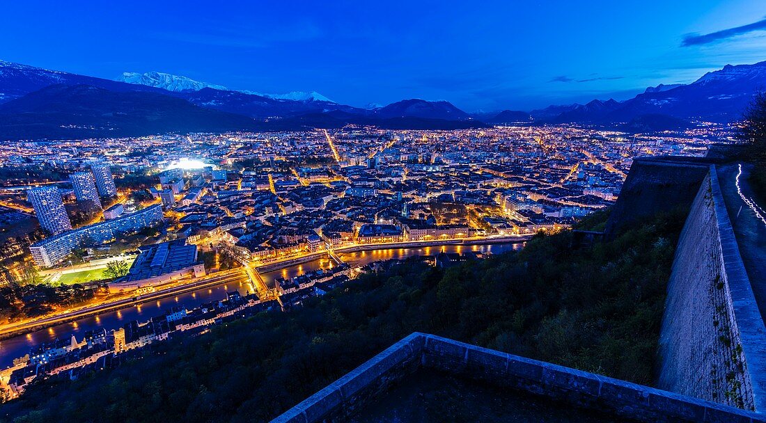 France, Isère , Grenoble, panorama from the Bastille fort, view of the Saint-Andre collegiate church, the Belledonne chain and the Vercors massif