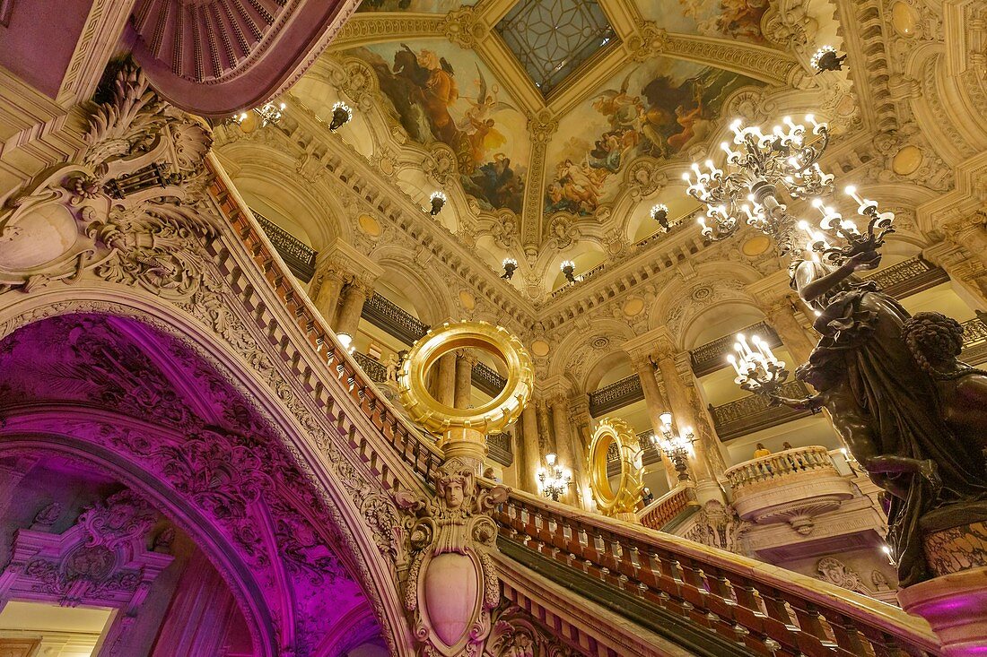 France, Paris, Garnier opera house (1878) under the architect Charles Garnier in eclectic style, the Grand staircase