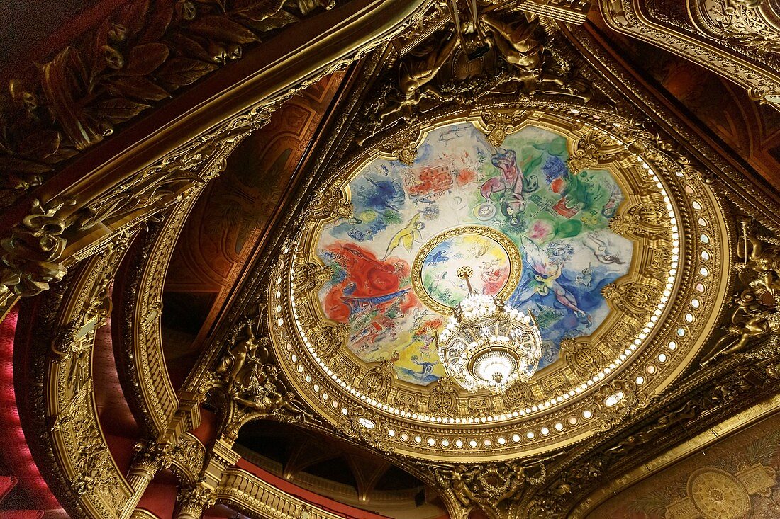 France, Paris, Garnier Opera house (1878) under the architect Charles garnier, the cupola of the ceiling of the great hall painted by Marc Chagall and the great chandelier
