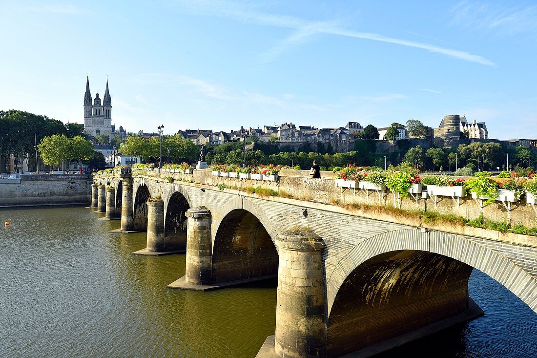 France, Maine et Loire, Angers, Verdun bridge over the Maine river and the castle of the Dukes of Anjou, Saint Maurice cathedral