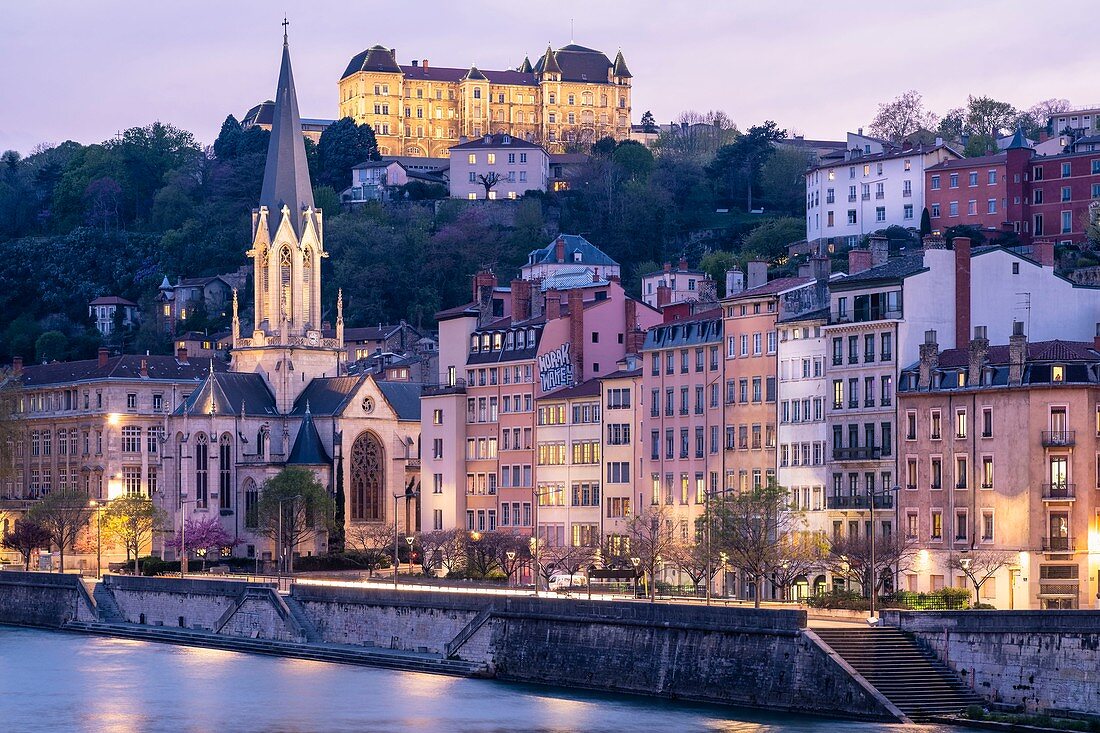 France, Rhone, Lyon, historic district listed as a UNESCO World Heritage site, Old Lyon, Quai Fulchiron on the banks of the Saone river, Saint Georges church and Saint-Just College on Fourviere hill