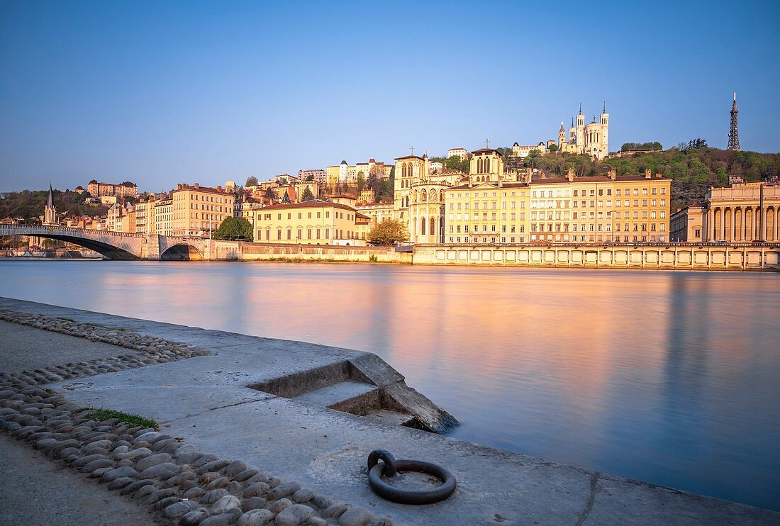 France, Rhone, Lyon, historic district listed as a UNESCO World Heritage site, Old Lyon, the banks of the Saone river, Saint-Jean Cathedral and Notre-Dame de Fourviere basilica in the background