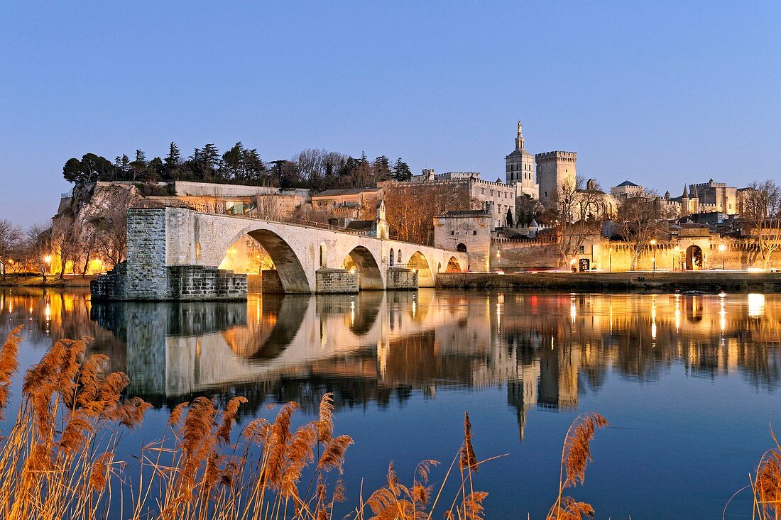 Frankreich, Vaucluse, Avignon, Saint-Benezet-Brücke über die Rhone aus dem 12. Jahrhundert mit im Hintergrund die Kathedrale von Doms aus dem 12. Jahrhundert und der Papstpalast zum UNESCO-Weltkulturerbe