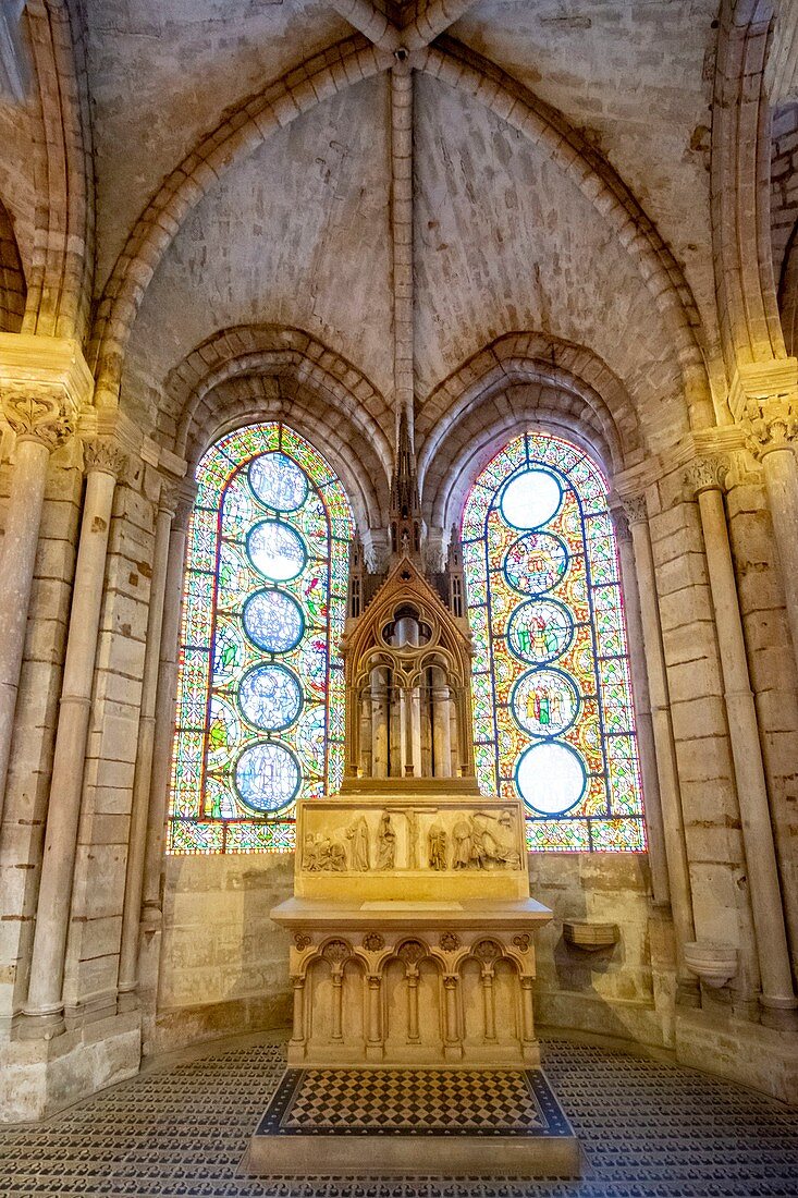 France, Seine Saint Denis, Saint Denis, the cathedral basilica, Saint Peregrine Radiant Chapel, stained glass windows of the Life of Moses (left) and Allegories of Saint Paul (right)