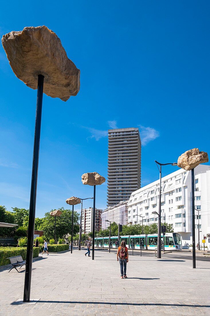 France, Paris, along the GR® Paris 2024, metropolitan long-distance hiking trail created in support of Paris bid for the 2024 Olympic Games, Maison Blanche district, Rocks in the Sky by the French artist Didier Marcel at the entrance of Kellermann park