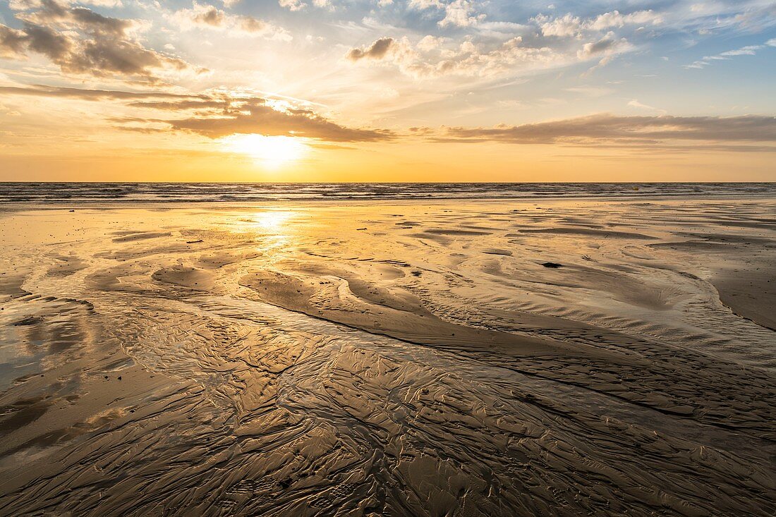 Frankreich, Somme, Ault, die Wassermäander am Strand von Ault bei Ebbe bei Sonnenuntergang