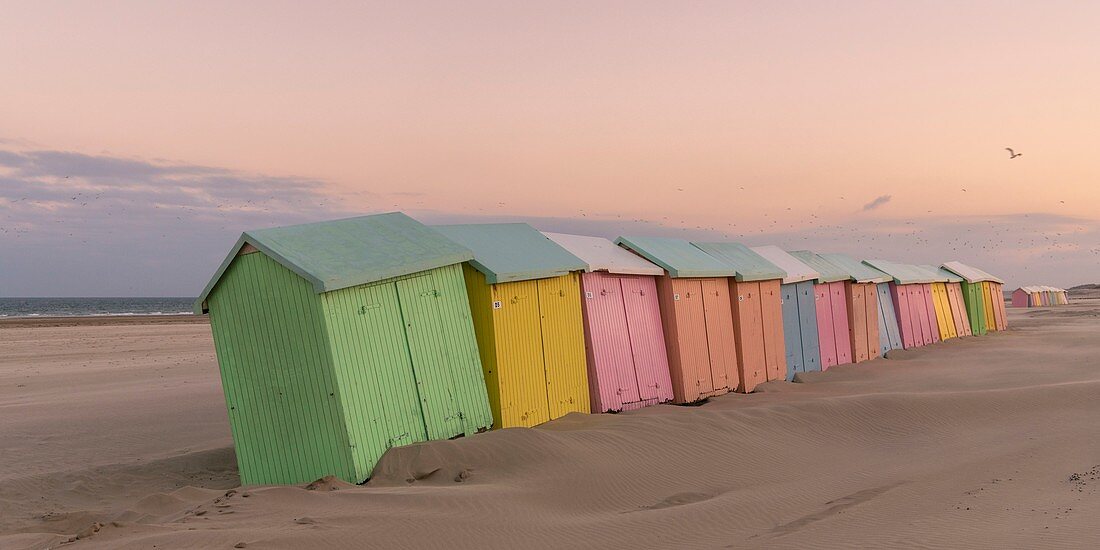 Frankreich, Pas de Calais, Berck-sur-Mer, Strandhütten in Berck-sur-Mer am Ende der Saison, der Wind hat den Strand gefegt und die Erosion nagt die Unterstützung der Hütten, die schaukeln und eine Atmosphäre in der Nebensaison geben give