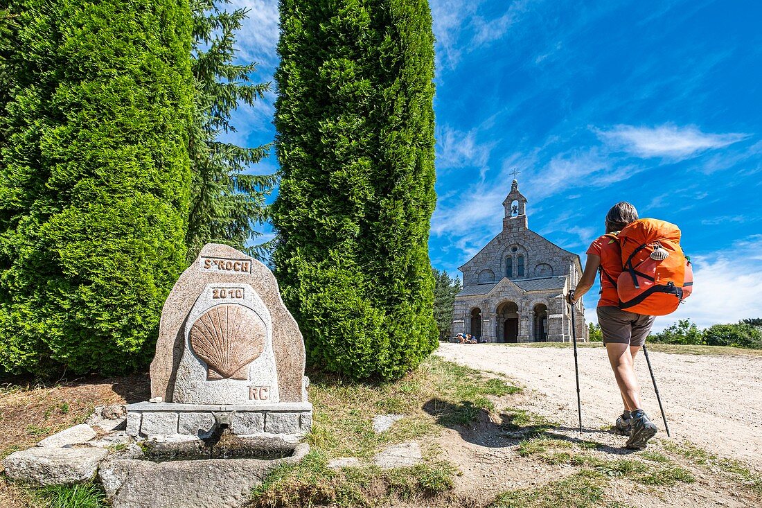 France, Lozere, surroundings of Lajo, hike along the Via Podiensis, one of the French pilgrim routes to Santiago de Compostela or GR 65, Saint Roch de l'Hospitalet chapel