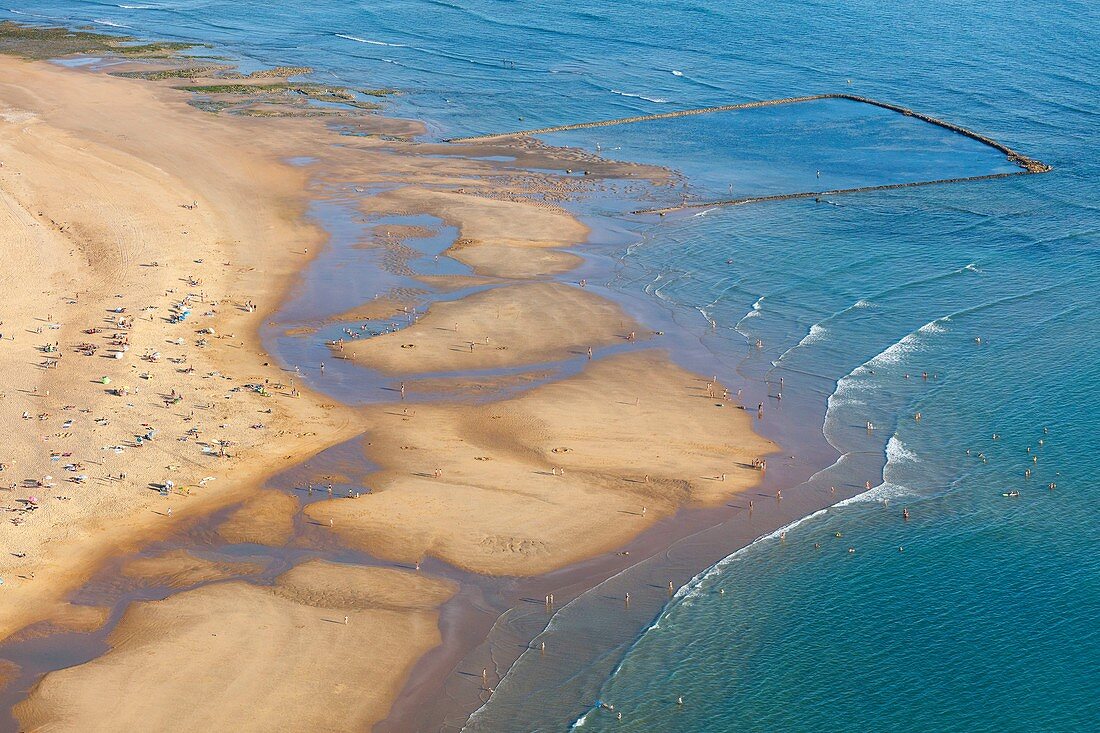France, Vendee, La Tranche sur Mer, the beach in summer (aerial view)