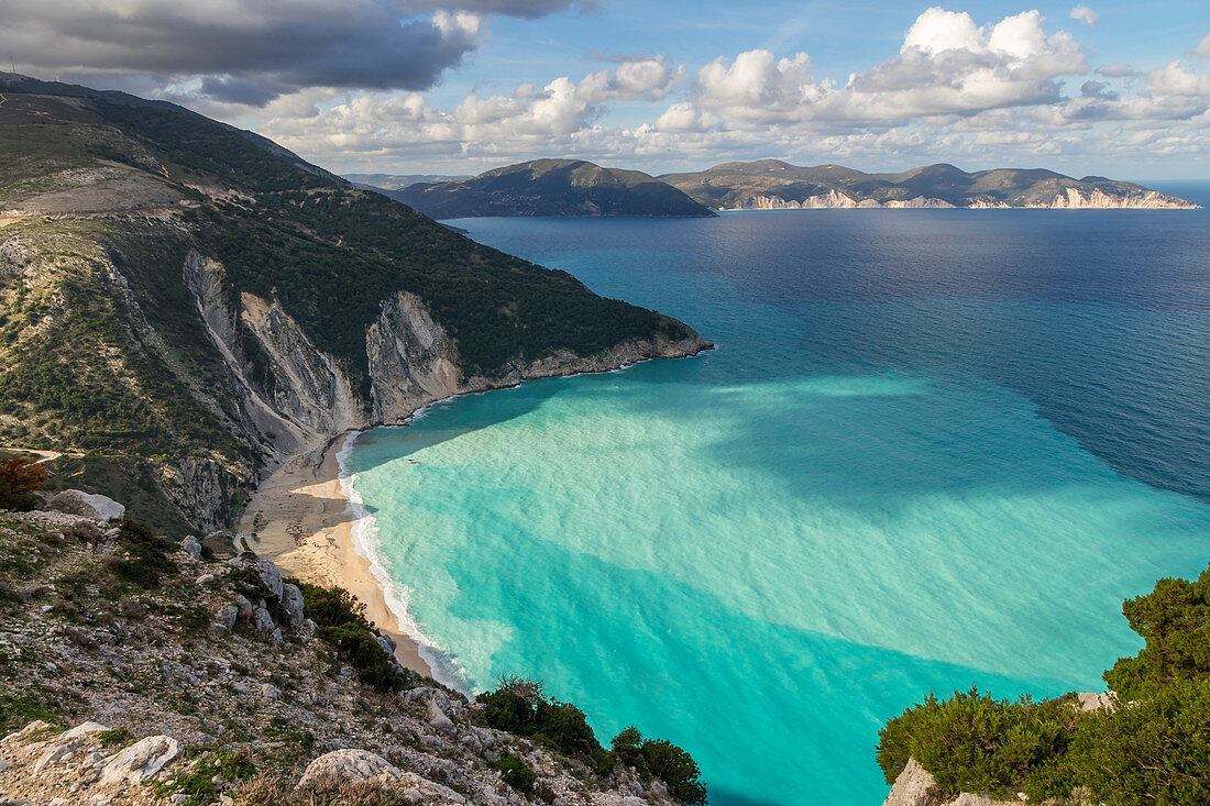 Scenic view over Myrtos Beach, Kefalonia, Ionian Islands, Greek Islands, Greece, Europe
