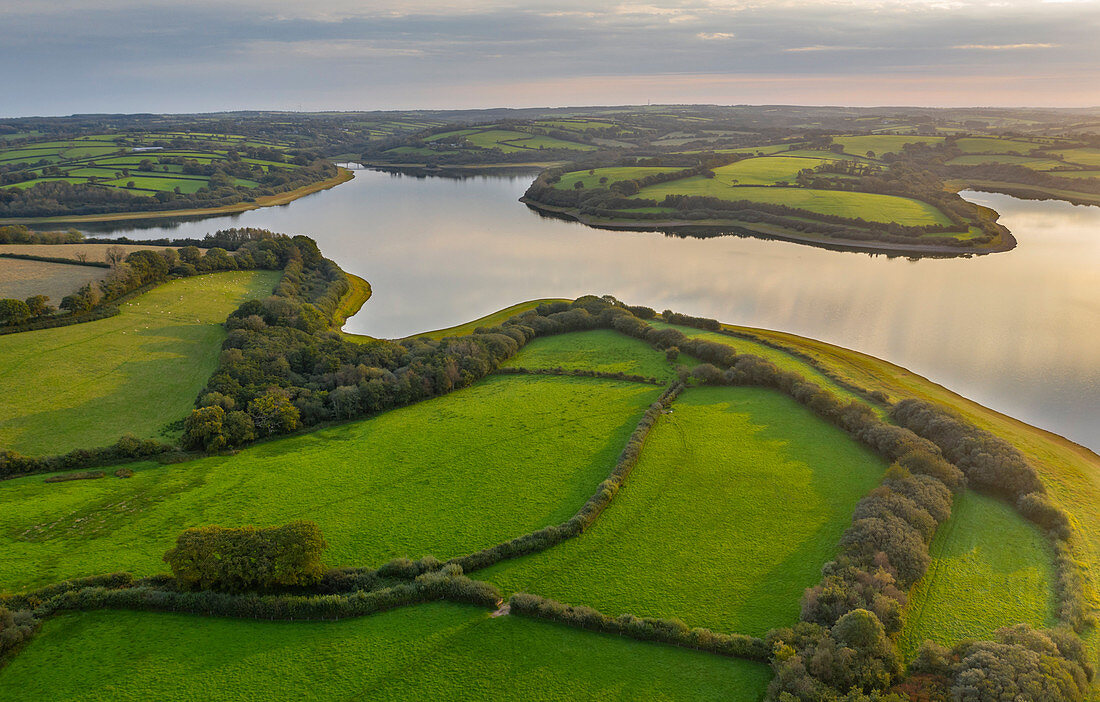Aerial view of Roadford Lake Reservoir in autumn, West Devon, England, United Kingdom, Europe