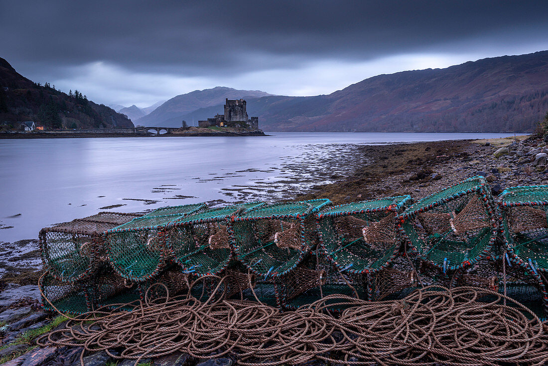 Lobster Creels on the shores of Loch Duich near Eilean Donan Castle, Highlands, Scotland, United Kingdom, Europe
