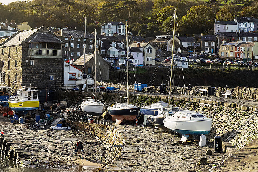 View from harbour to this popular town for commercial fishing, dolphin watching and tourism, New Quay, Ceredigion, Wales, United Kingdom, Europe