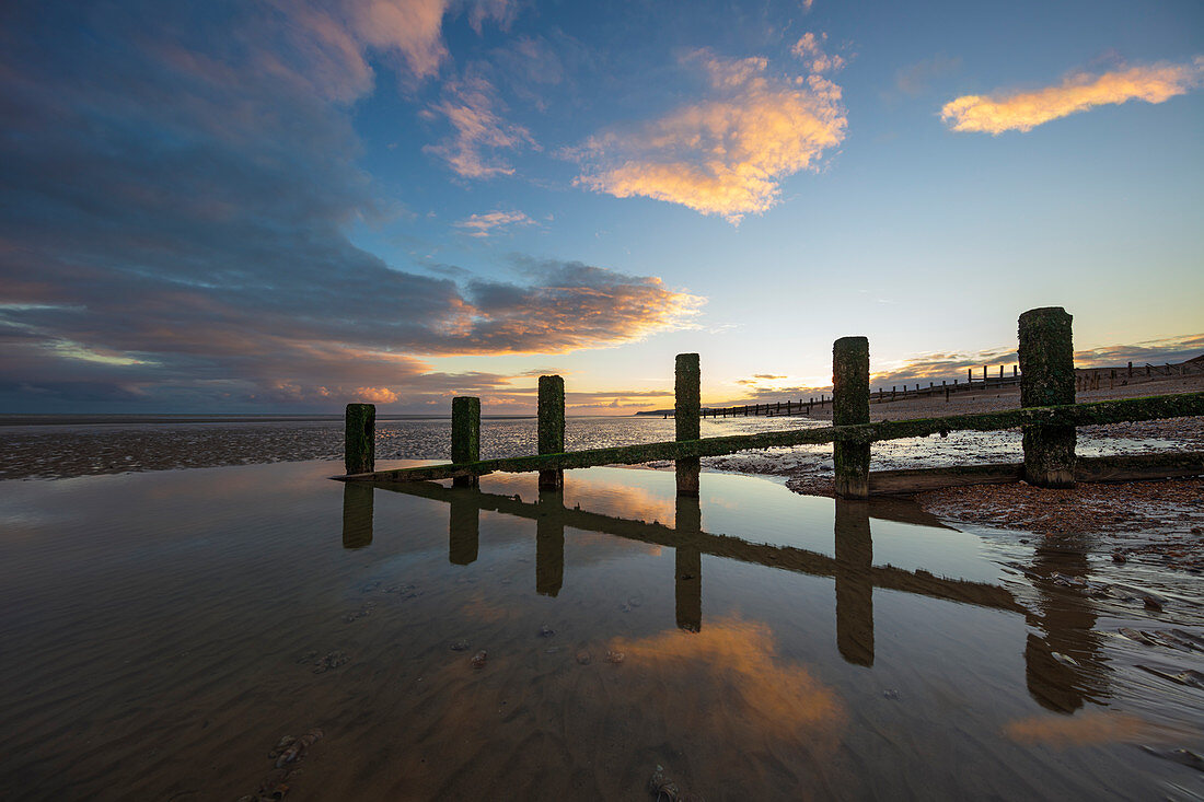 Rotting upright wooden posts of old sea defences on Winchelsea beach, Winchelsea, East Sussex, England, United Kingdom, Europe