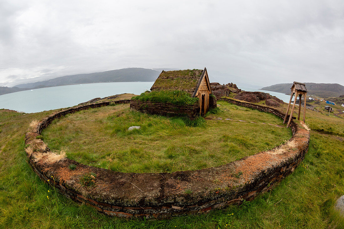 Norse chapel at the reconstruction of Erik the Red's Norse settlement at Brattahlid, southwestern Greenland, Polar Regions