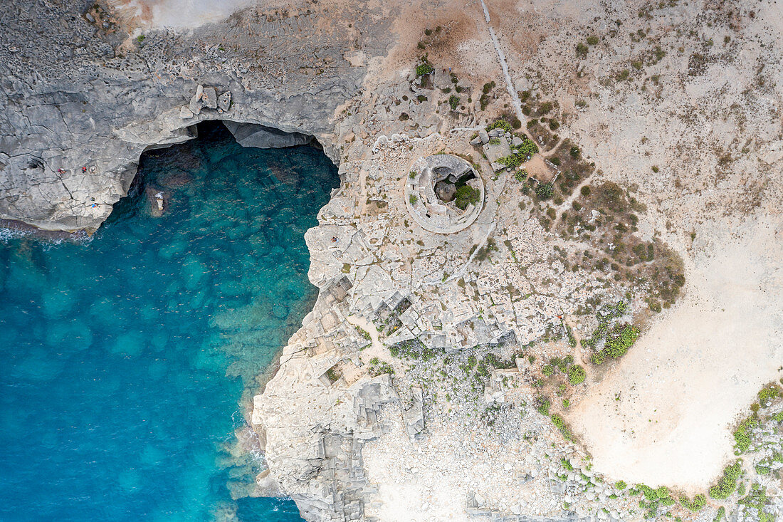 Old stone tower Torre Miggiano and turquoise sea from above, Santa Cesarea Terme, Porto Miggiano, Lecce, Salento, Apulia, Italy, Europe