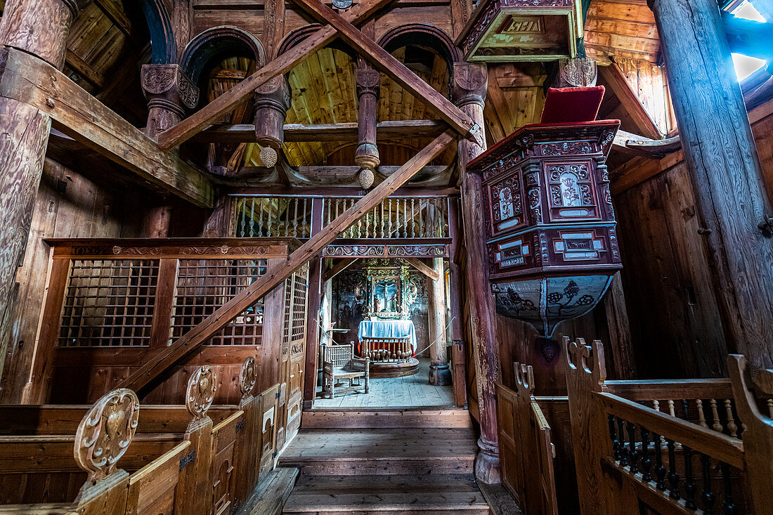 Wall paintings in the Urnes Stave Church, UNESCO World Heritage Site, Lustrafjorden, Norway, Scandinavia, Europe