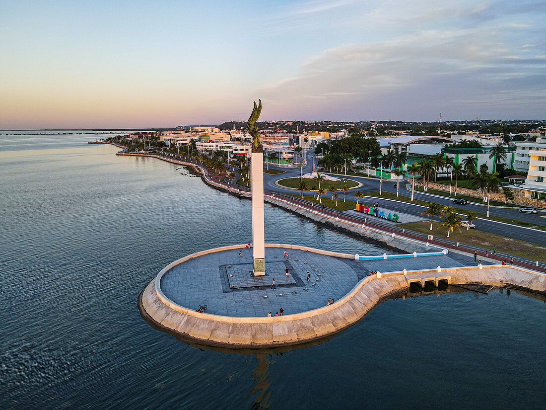 Aerial of the Angel Maya statue, Malecon, the historic fortified town of Campeche, UNESCO World Heritage Site, Campeche, Mexico, North America
