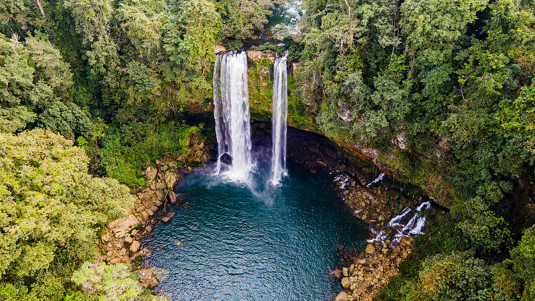 Aerial of Misol Ha waterfall, Chiapas, Mexico, North America