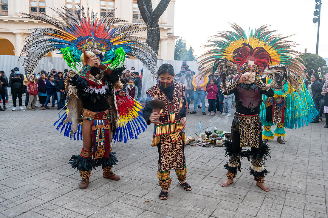 Tzotzil dancers performing for tourists, San Cristobal de la Casas, Chiapas, Mexico, North America