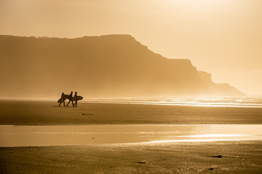 Menschen, die Surfbretter tragen, die entlang Strand im Abendsonnenlicht, Rhossili, Gower-Halbinsel, Swansea, Wales, Vereinigtes Königreich, Europa gehen