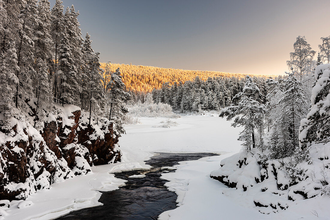 Patoniva River and snow covered winter landscape, Oulanka National Park, Kuusamo, Finland, Europe