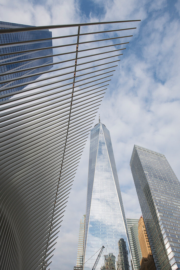 Oculus building and high rises in Lower Manhattan, the Oculus is a train station at the World Trade Center site, New York City, New York, United States of America, North America