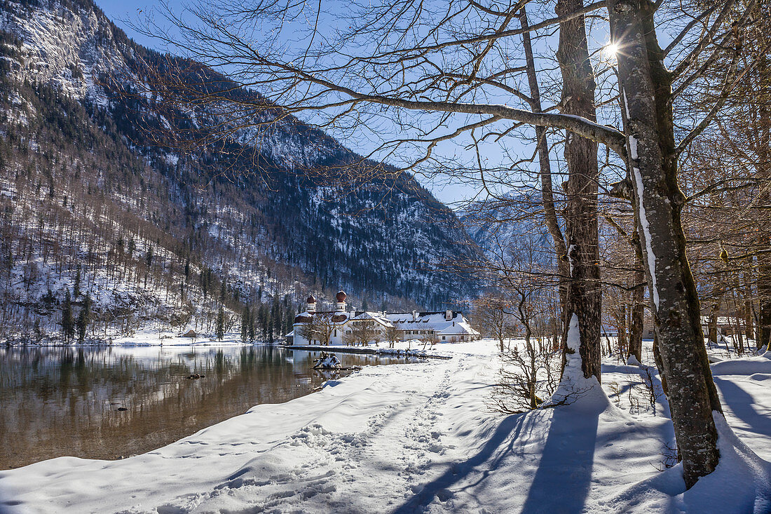 Riverside path to the pilgrimage church of St. Bartholomä am Koenigssee, Upper Bavaria, Bavaria, Germany