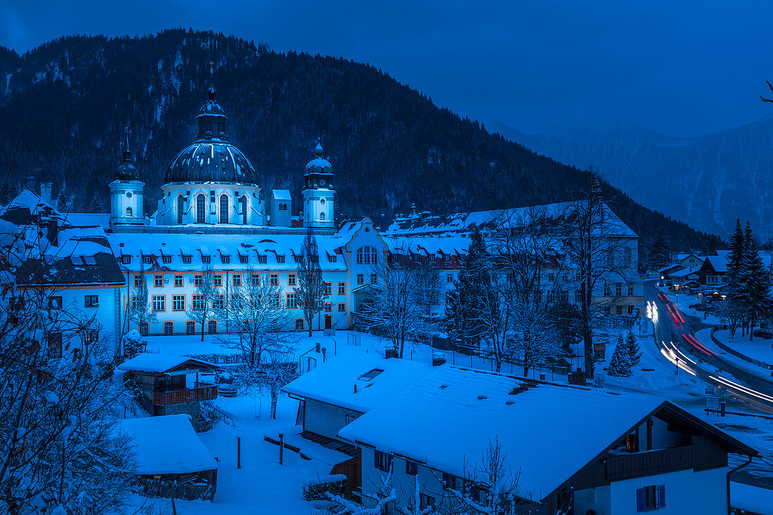 Benedictine Abbey Ettal at the blue hour, Ettal, Upper Bavaria, Bavaria, Germany