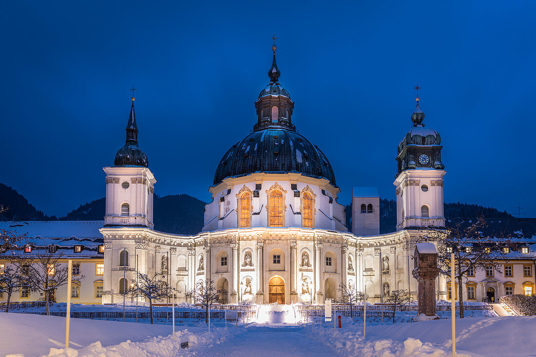 Basilica of the Assumption of the Assumption of the Benedictine Abbey Ettal at the blue hour, Ettal, Upper Bavaria, Bavaria, Germany