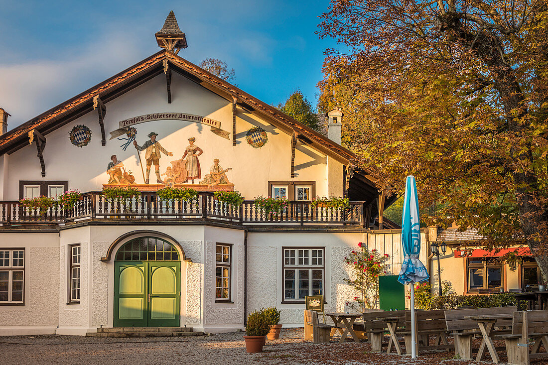 Garden restaurant in Schliersee, Upper Bavaria, Bavaria, Germany