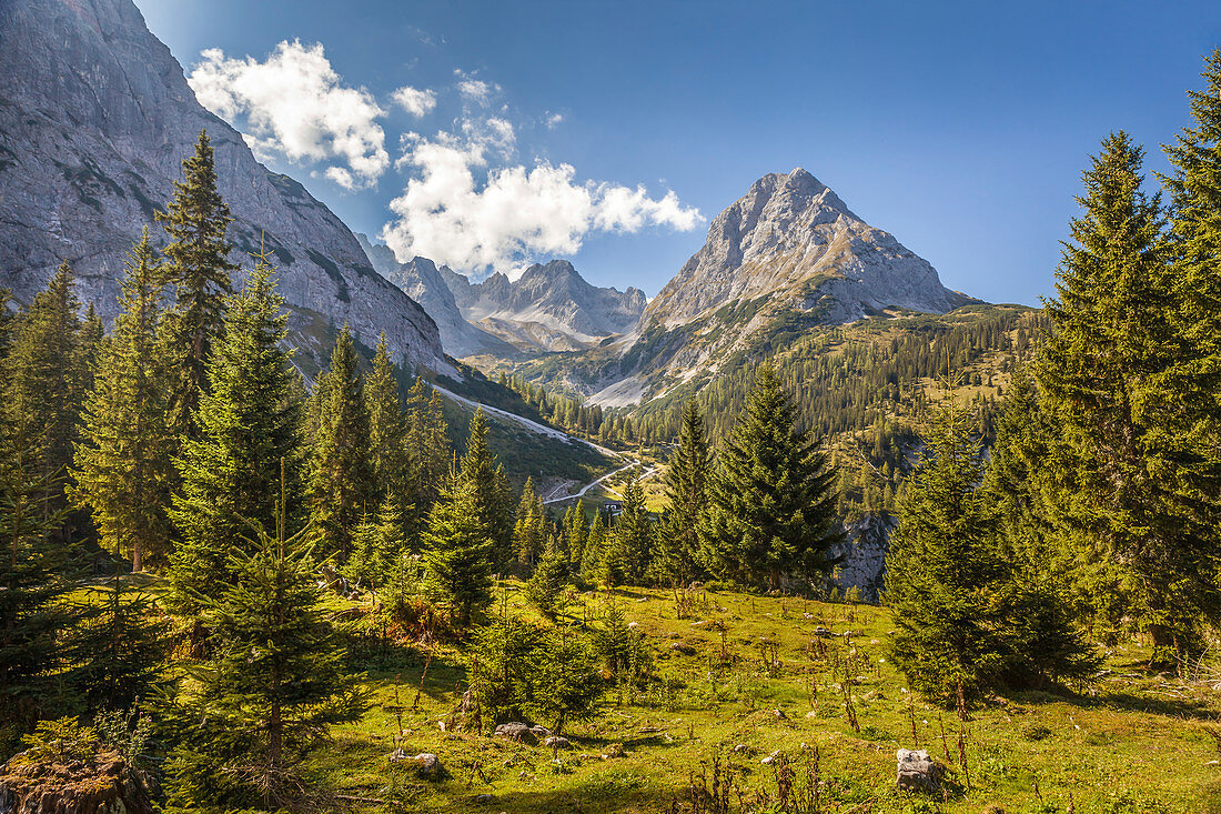 Weg zum Seebensee im Gaistal mit Blick zum Rauher Kopf, Ehrwald in Tirol, Tirol, Österreich