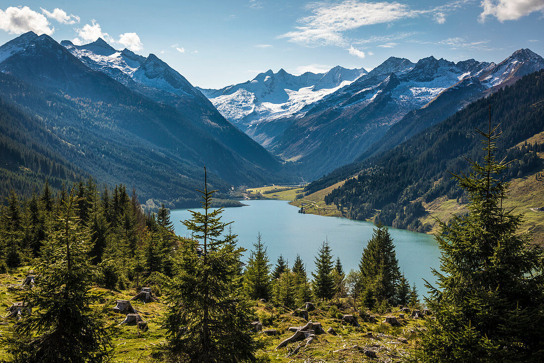 View from the Gerlos Pass to the Durlaßboden reservoir, Hohe Tauern National Park, Tyrol, Austria