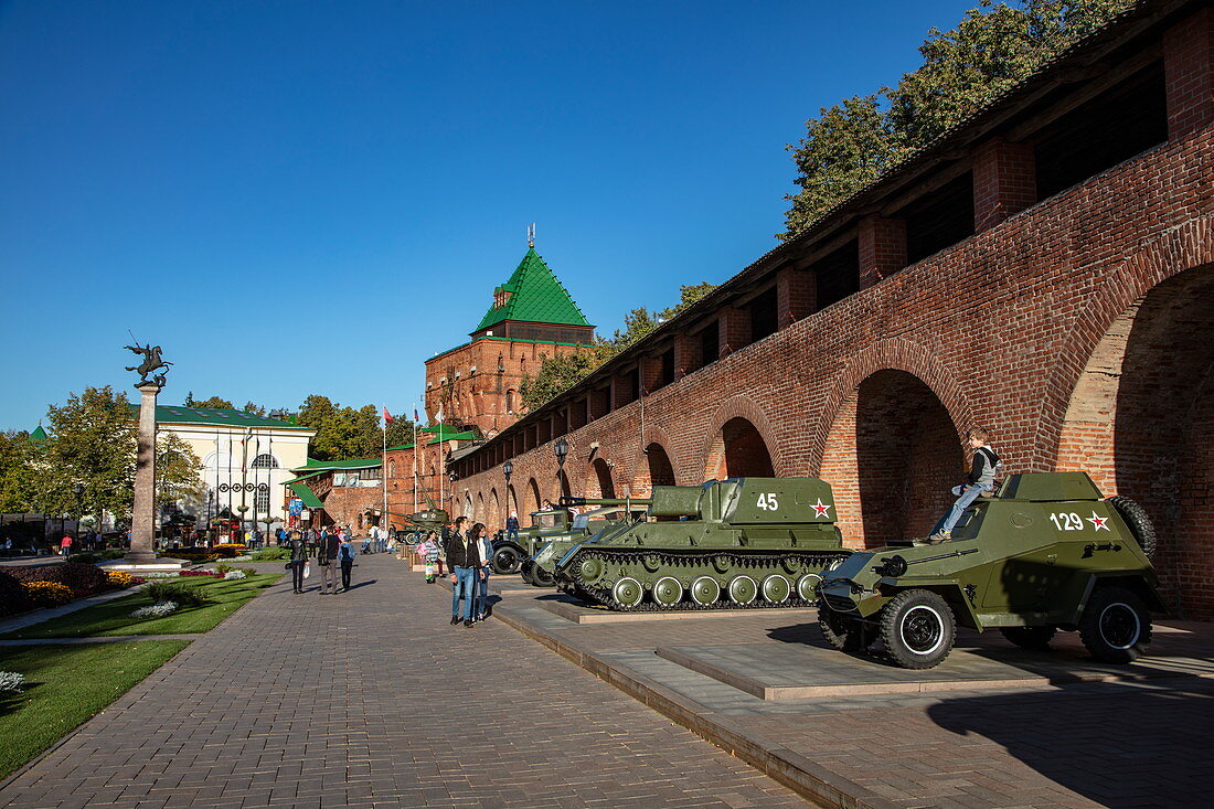 Historic Soviet tanks and military machines exhibited in the Nizhny Novgorod Kremlin, Nizhny Novgorod, Nizhny Novgorod District, Russia, Europe