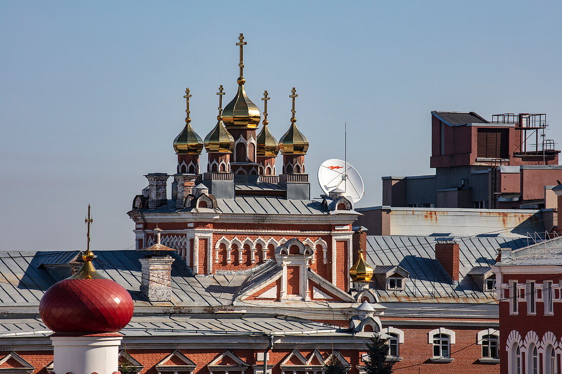 View of brewery and onion domes of the Russian Orthodox Church, Samara, Samara District, Russia, Europe