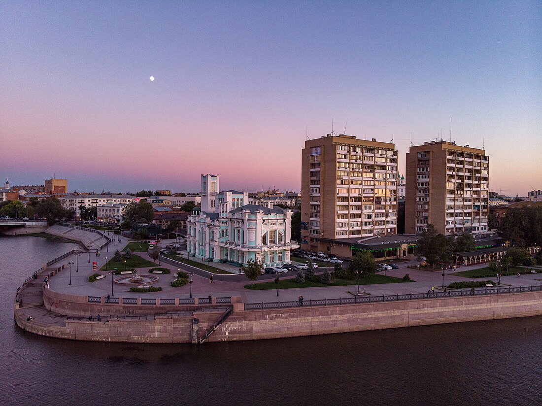 Aerial view of promenade on the bank of Volga river at dusk, Astrakhan, Astrakhan District, Russia, Europe