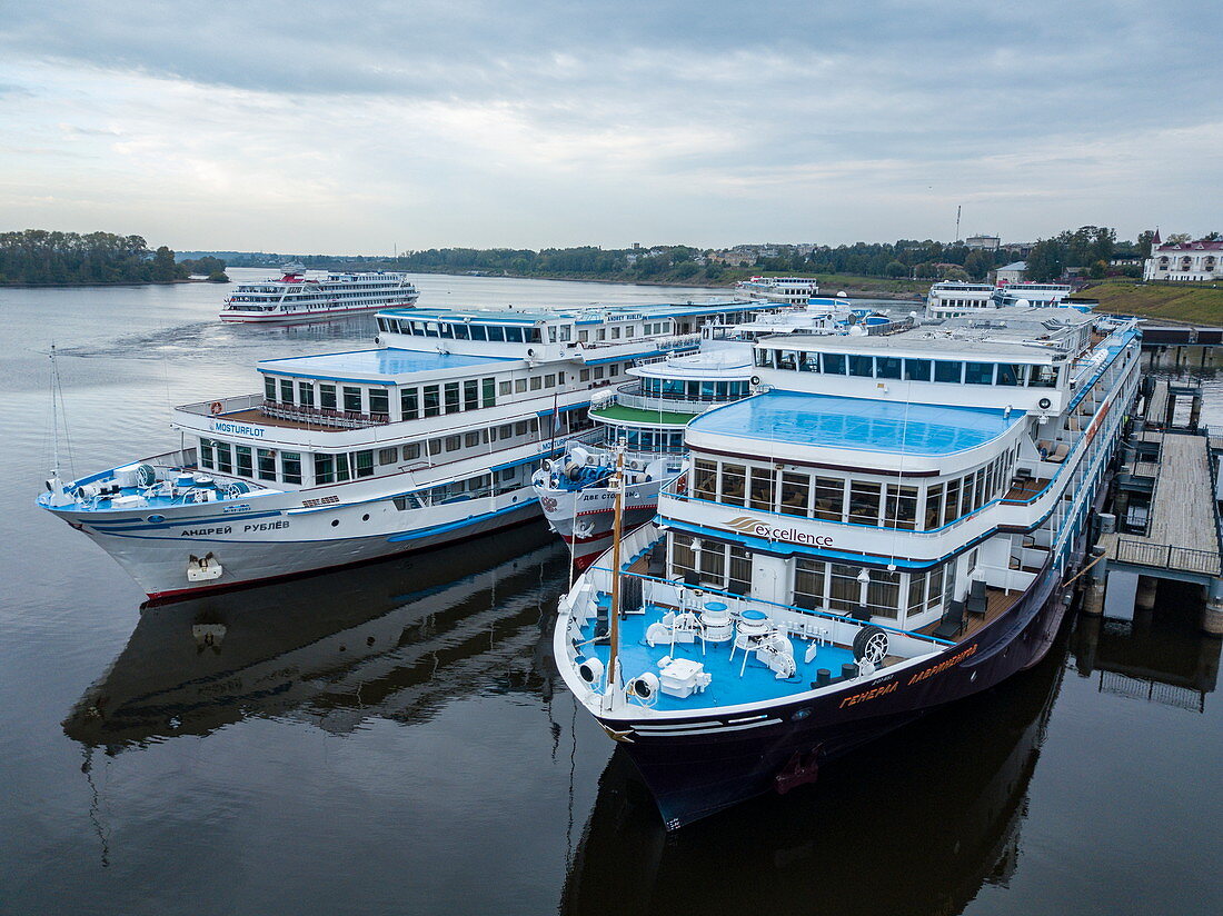 Aerial view of river cruise ships docked along Volga River, Uglich, Yaroslavl District, Russia, Europe