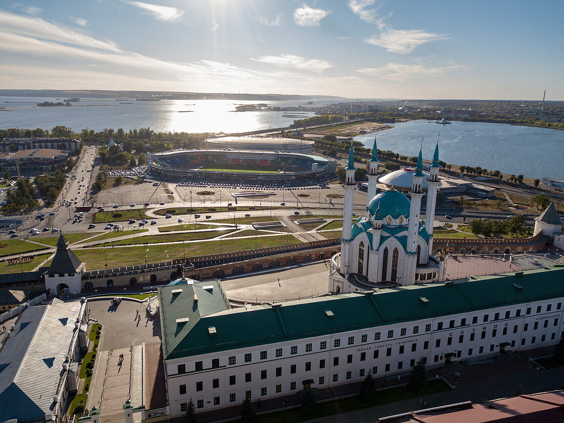 Aerial view of Kazan Kremlin with Kazan Stadionn and Volga River behind it, Kazan, Kazan District, Republic of Tatarstan, Russia, Europe